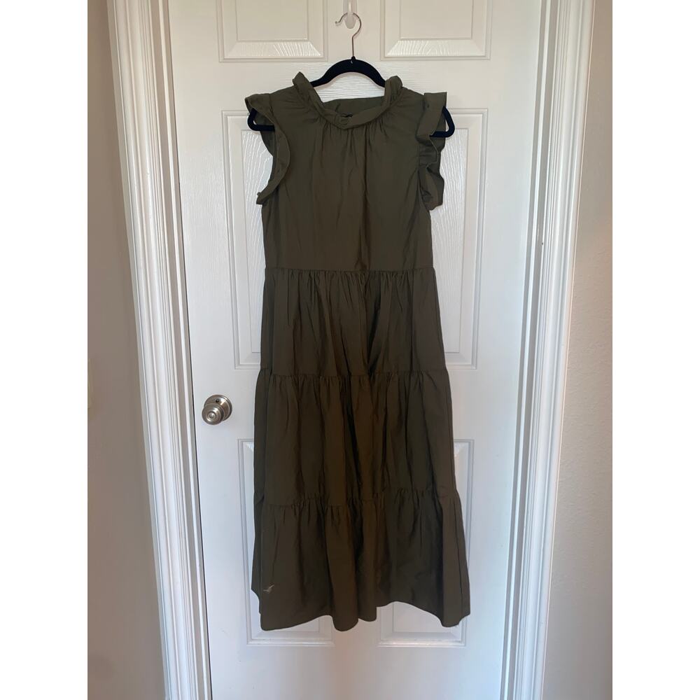 Chepe Italy Ansaldo Cotton Tiered Maxi Dress sleeveless Ruffle Military Green XS